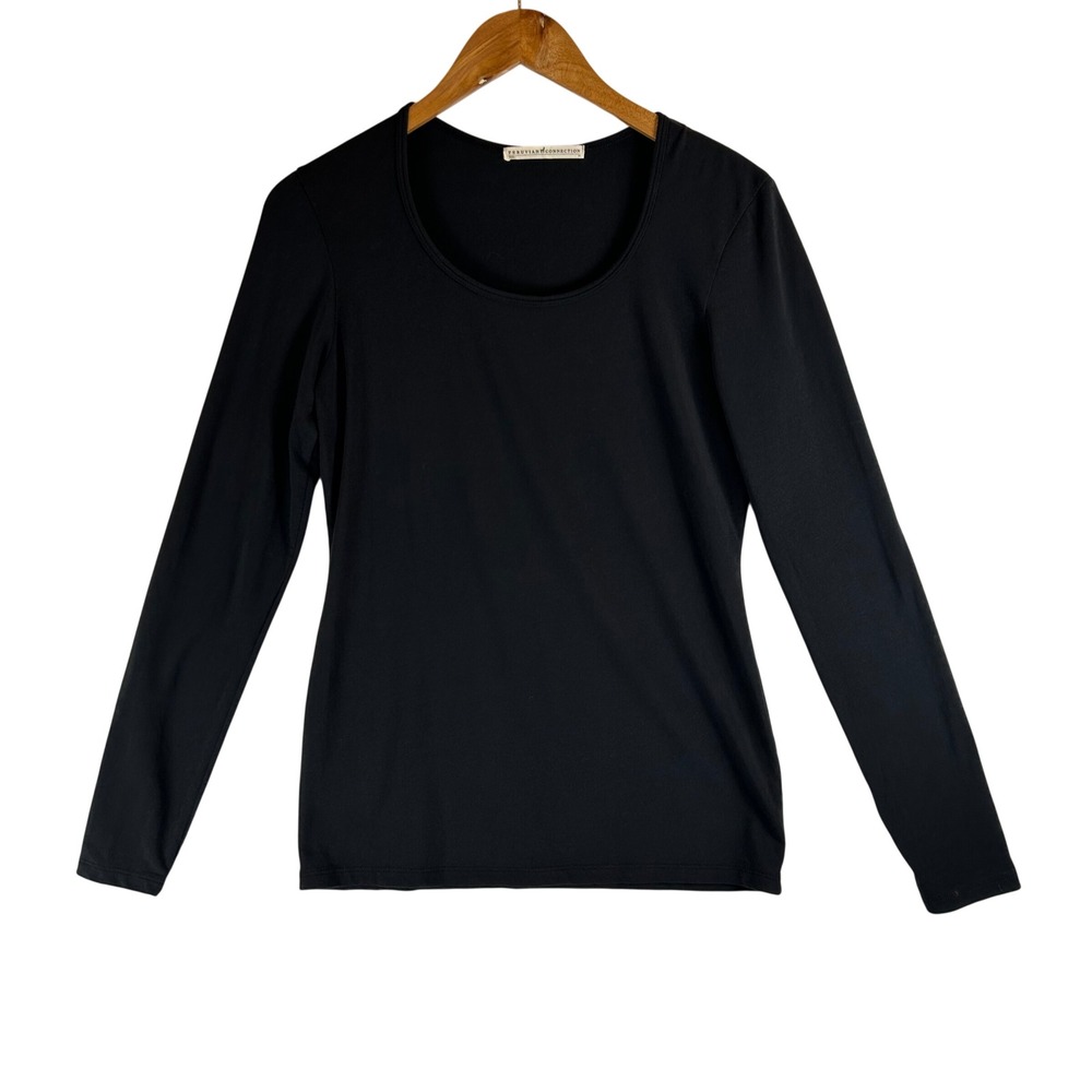 Peruvian Connection Black Pima Cotton Lycra Scoop Neck Long Sleeve Top Medium
